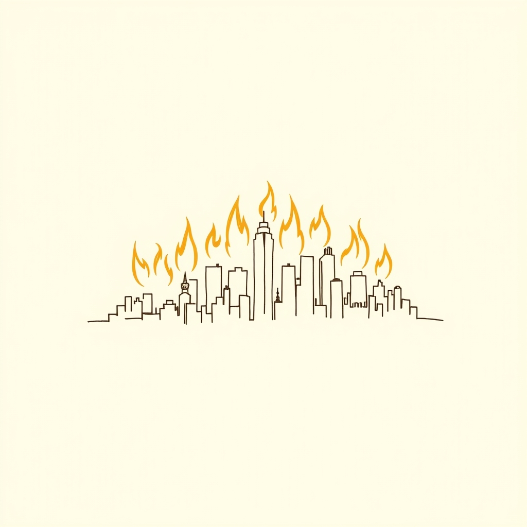 ville en flammes (en arrière-plan)