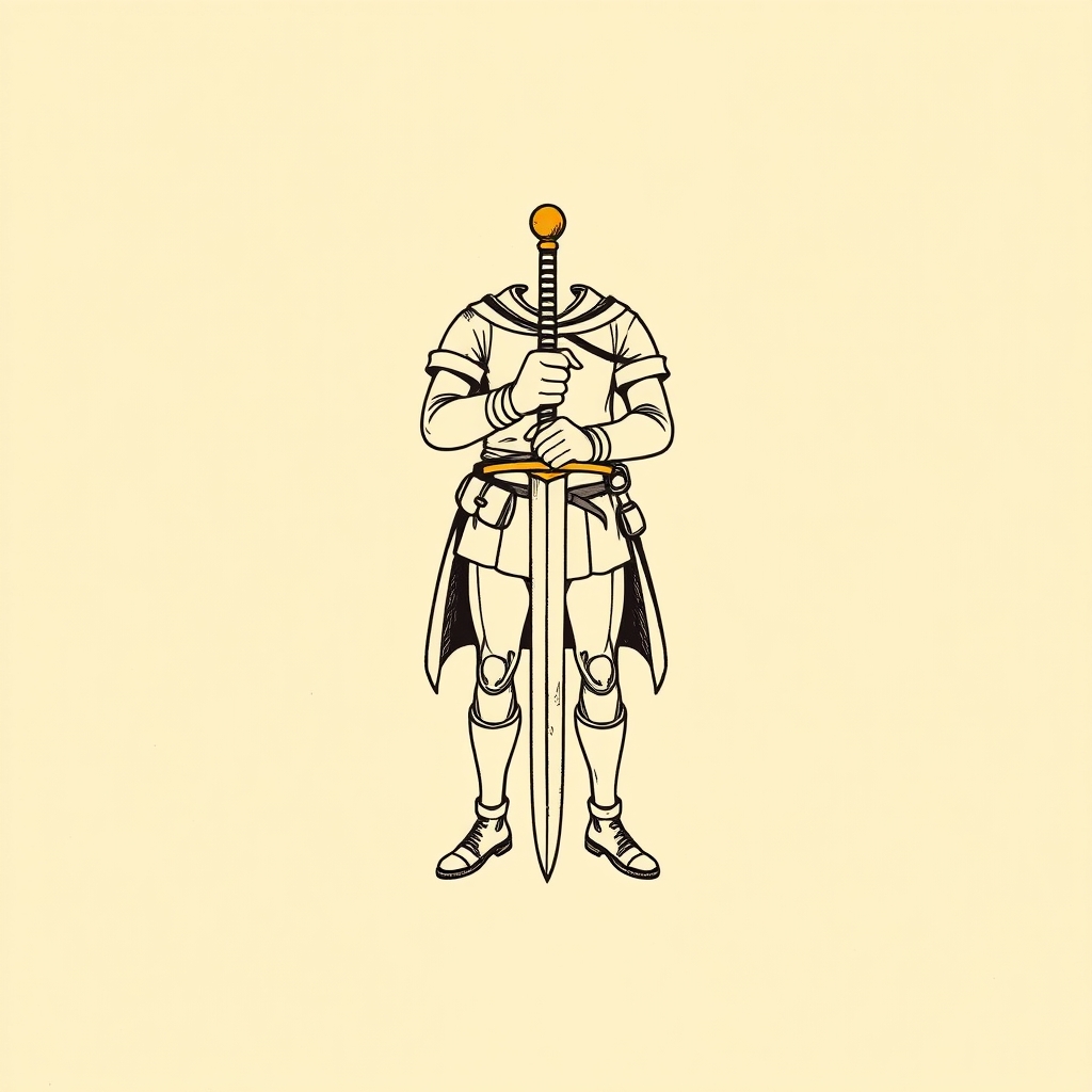 épée et éperons à ses pieds