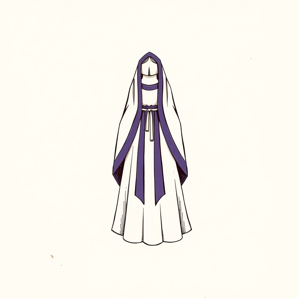 vêtements de veuve (robe blanche bordée de pourpre, longs voiles)