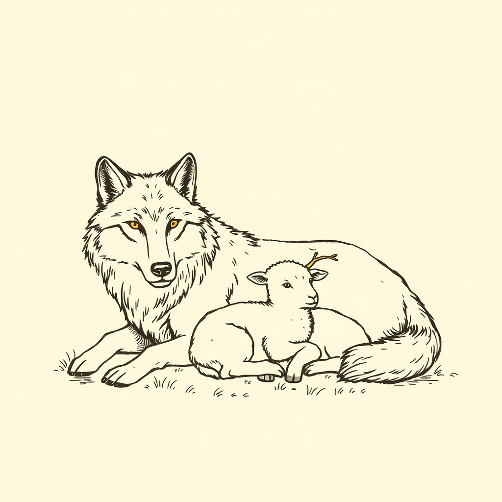 loup et agneau couchés à terre