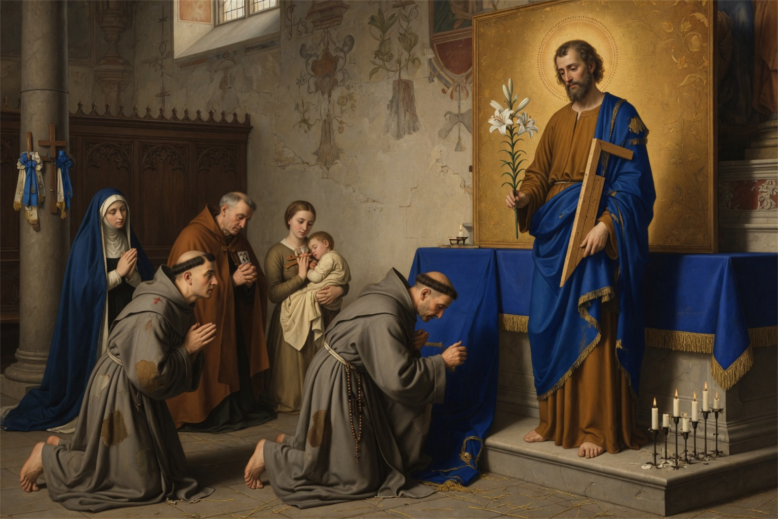 Des religieux mediavaux priant saint Joseph avec le lys et l'equerre
