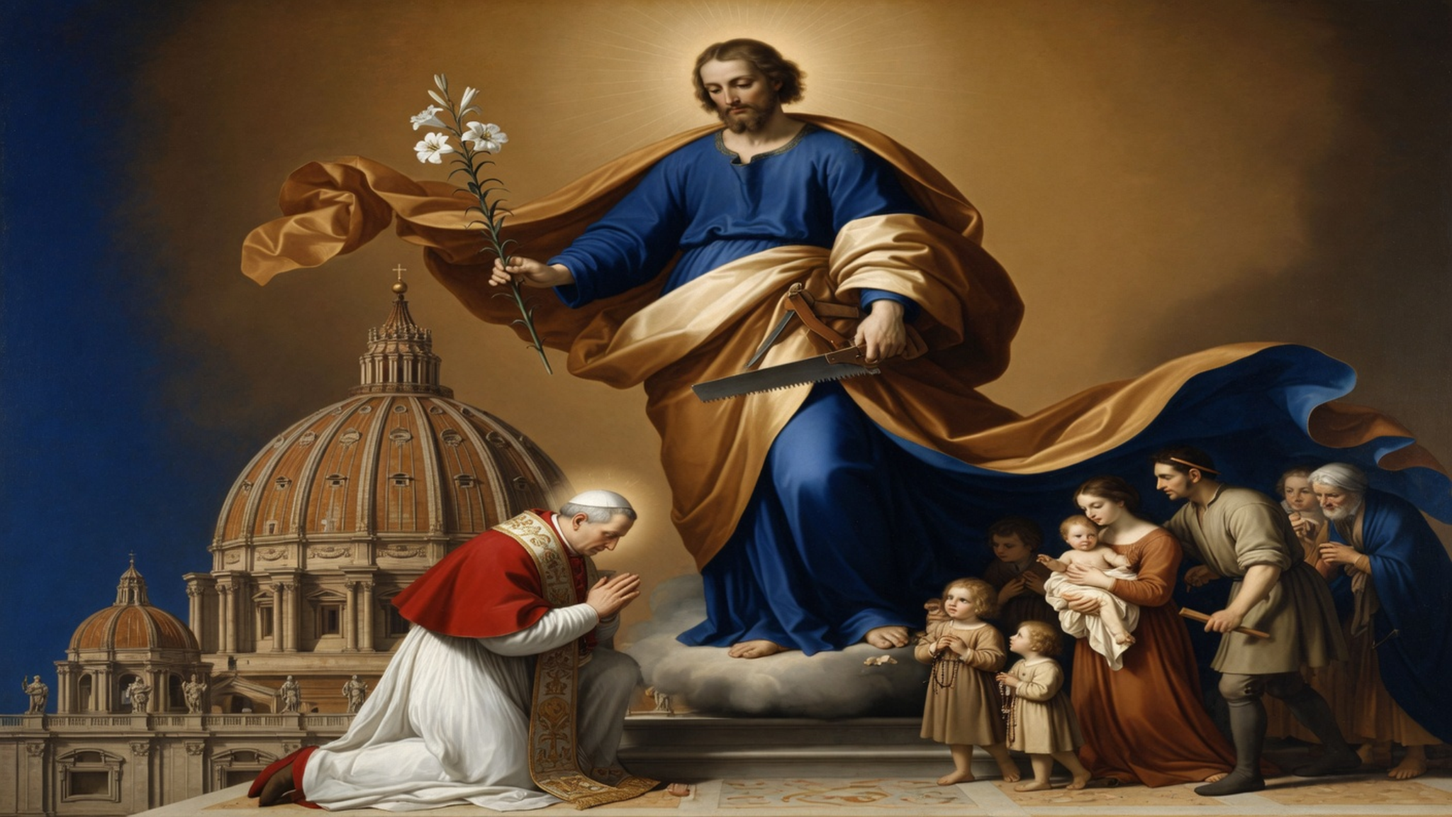 Saint Joseph protegeant l'Eglise universelle sous une lumiere doree