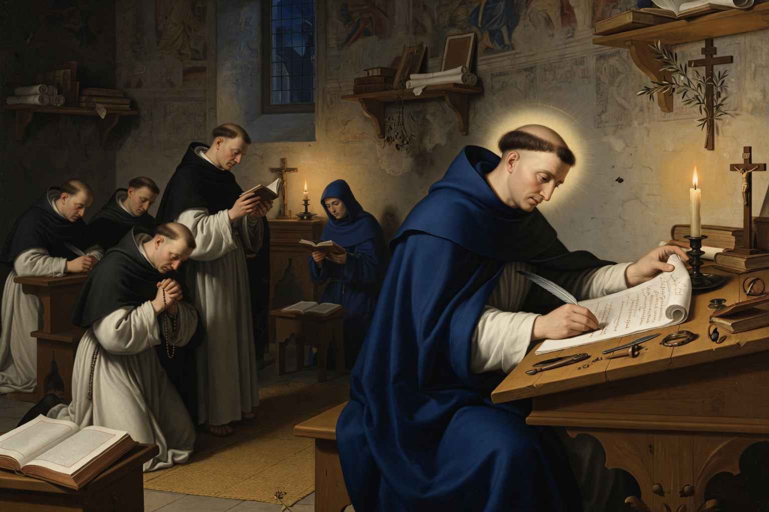 Saint Benoit redigeant la Regle monastique parmi ses moines