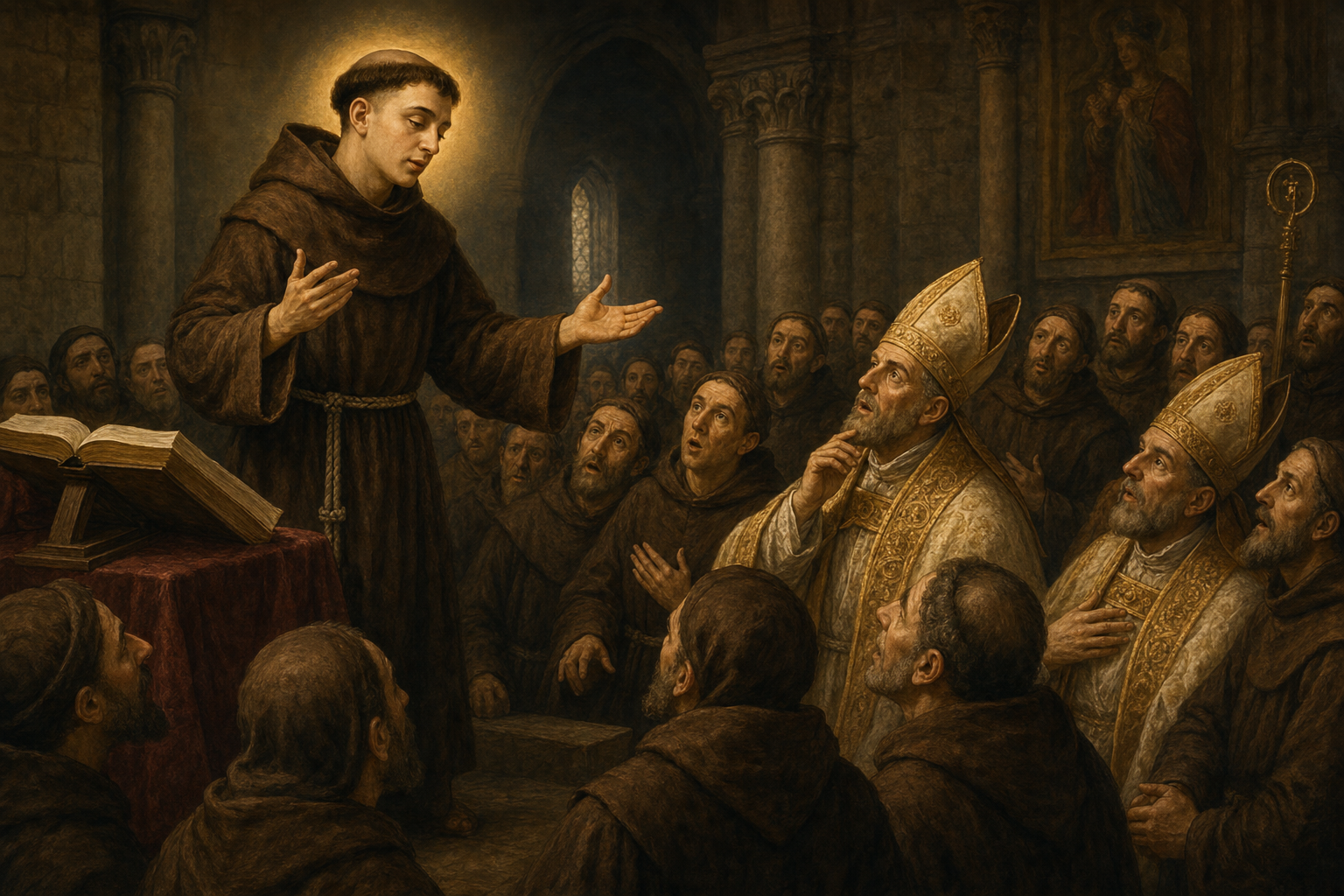 Saint Antoine de Padoue prechant devant des freres et des eveques dans une eglise italienne