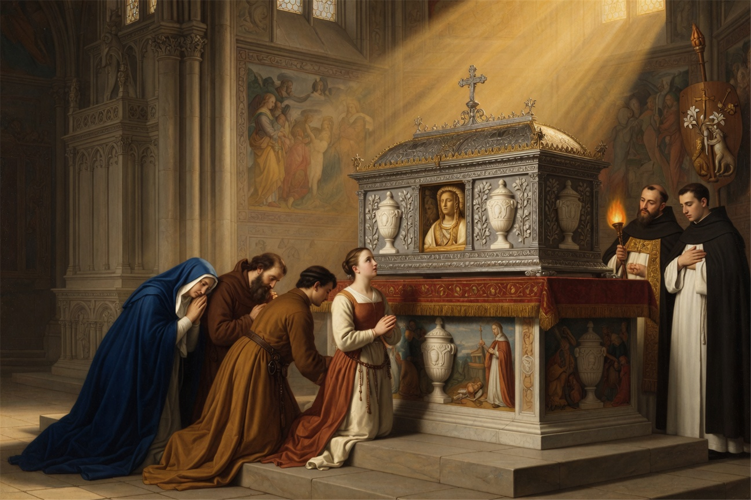 Pelerins priant devant le reliquaire de sainte Marie-Madeleine a Saint-Maximin