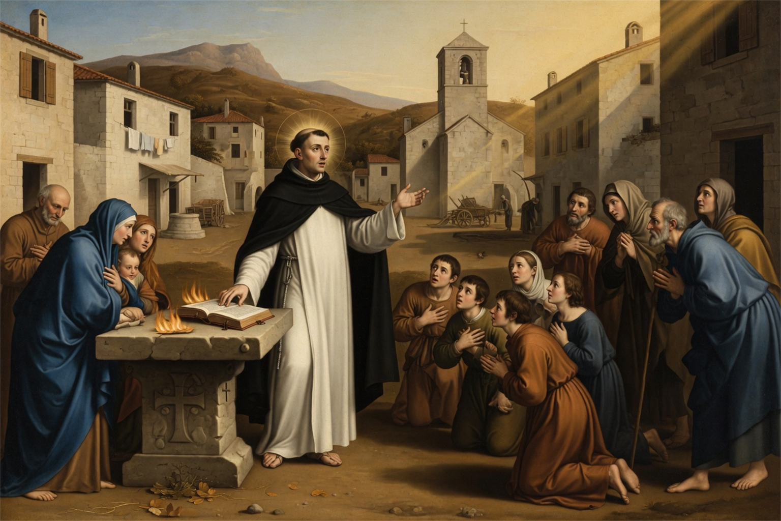 Saint Dominique prechant dans le Languedoc devant le livre epargne par les flammes